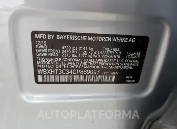 BMW X1 XDRIVE2 2016 vin WBXHT3C34GP889097 from auto auction Copart