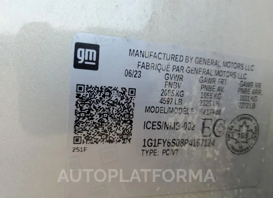 CHEVROLET BOLT EUV L 2023 vin 1G1FY6S08P4167124 from auto auction Copart