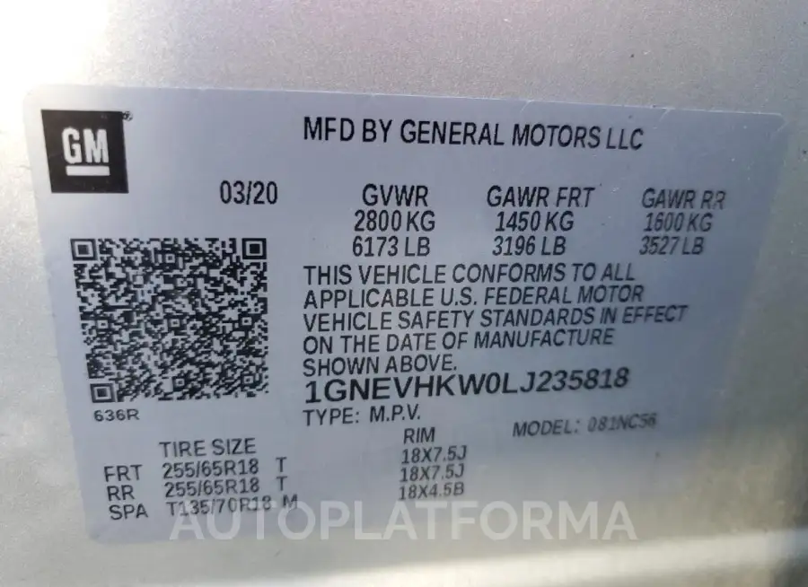 CHEVROLET TRAVERSE L 2020 vin 1GNEVHKW0LJ235818 from auto auction Copart