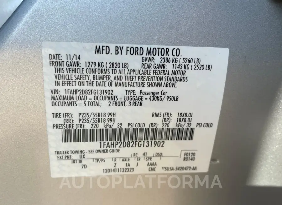 FORD TAURUS SE 2015 vin 1FAHP2D82FG131902 from auto auction Copart