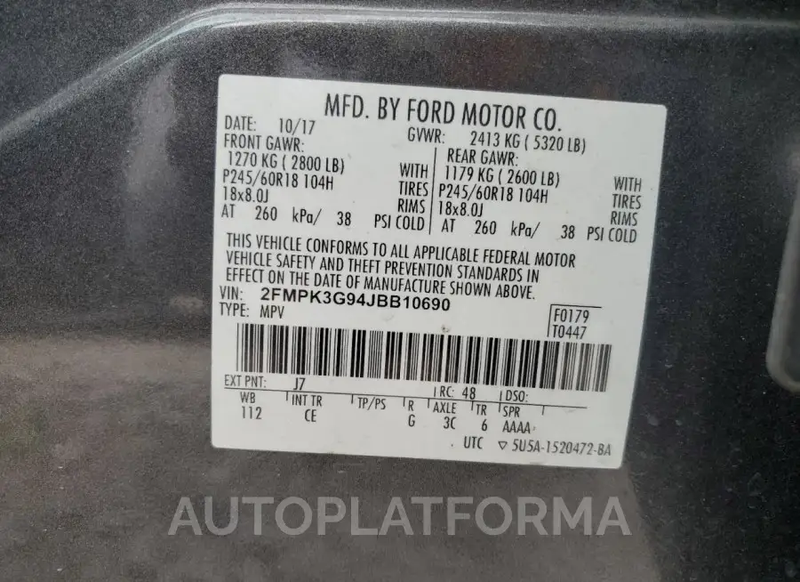 FORD EDGE SE 2018 vin 2FMPK3G94JBB10690 from auto auction Copart