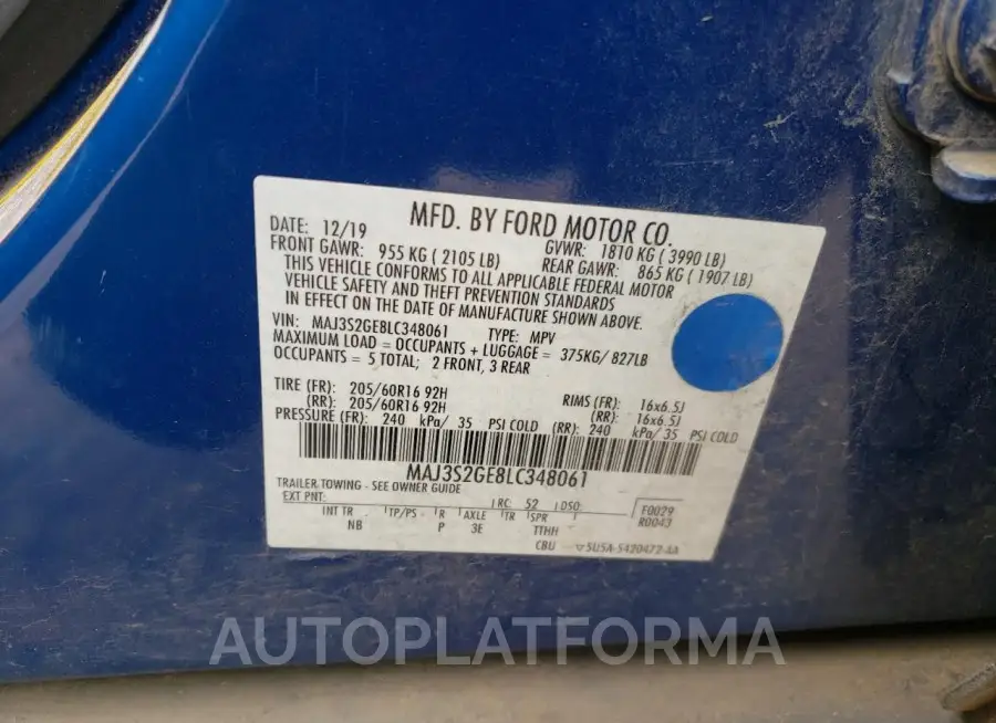 FORD ECOSPORT S 2020 vin MAJ3S2GE8LC348061 from auto auction Copart