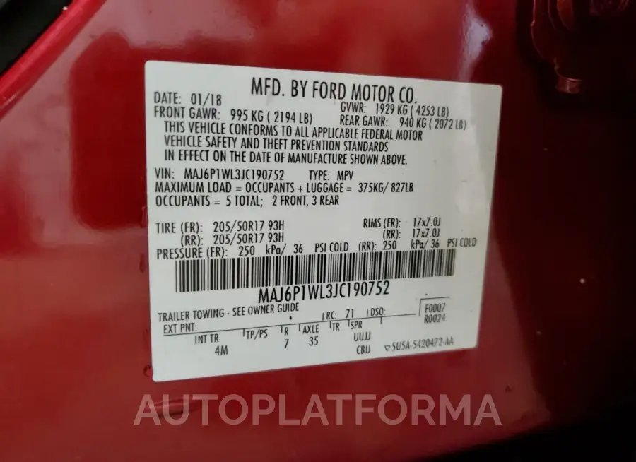 FORD ECOSPORT T 2018 vin MAJ6P1WL3JC190752 from auto auction Copart