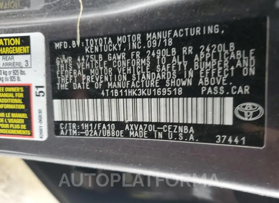 TOYOTA CAMRY L 2019 vin 4T1B11HK3KU169518 from auto auction Copart