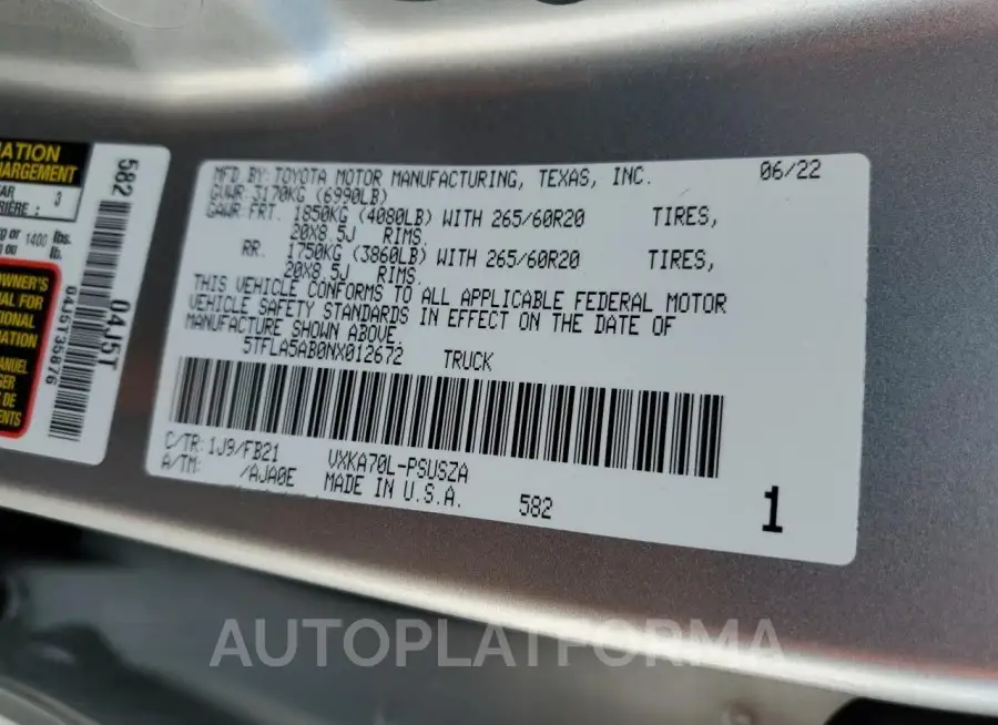 TOYOTA TUNDRA CRE 2022 vin 5TFLA5AB0NX012672 from auto auction Copart