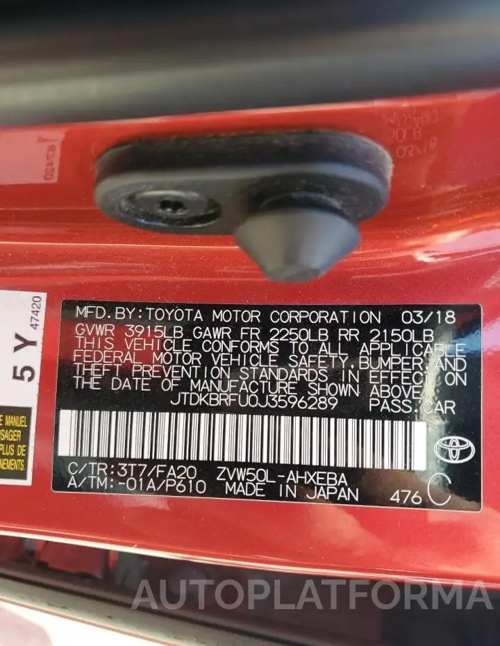 TOYOTA PRIUS 2018 vin JTDKBRFU0J3596289 from auto auction Copart