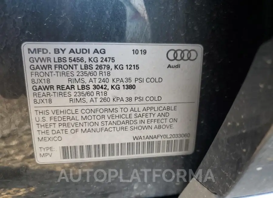 AUDI Q5 PREMIUM 2020 vin WA1ANAFY0L2033060 from auto auction Copart