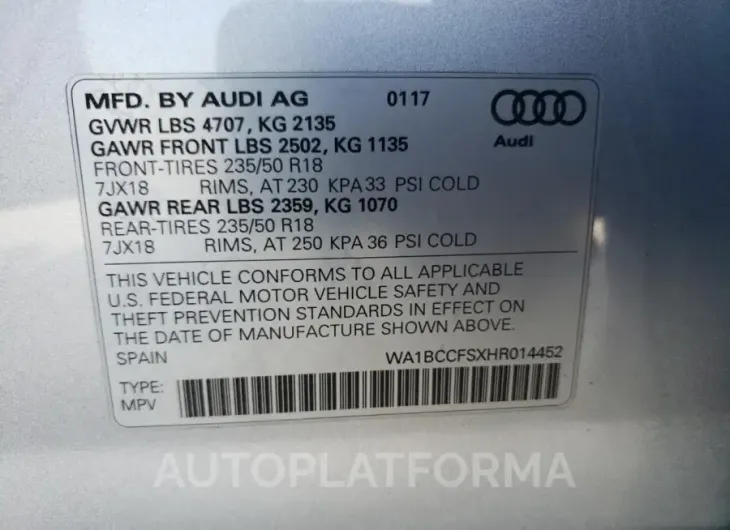 AUDI Q3 PREMIUM 2017 vin WA1BCCFSXHR014452 from auto auction Copart