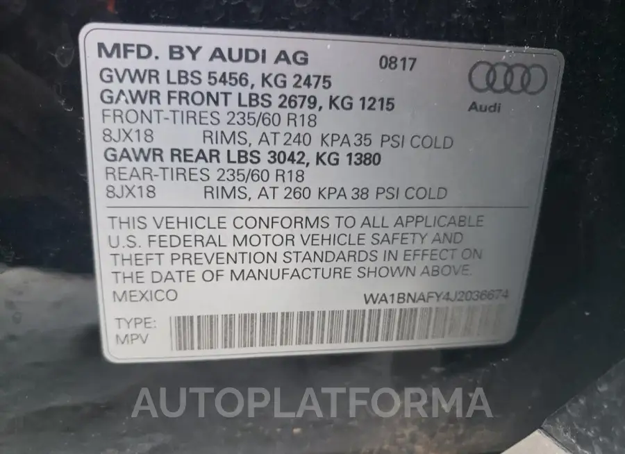 AUDI Q5 PREMIUM 2018 vin WA1BNAFY4J2036674 from auto auction Copart