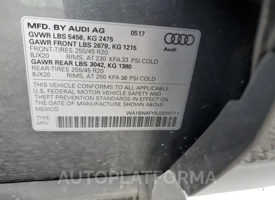 AUDI Q5 PREMIUM 2018 vin WA1BNAFY5J2016711 from auto auction Copart