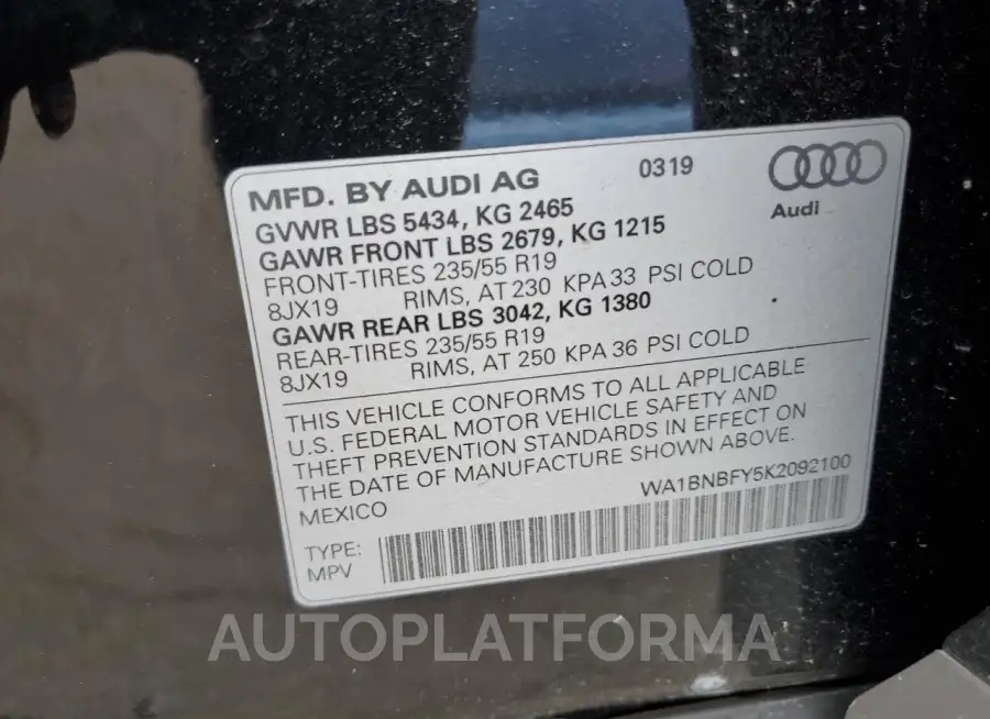 AUDI Q5 PREMIUM 2019 vin WA1BNBFY5K2092100 from auto auction Copart