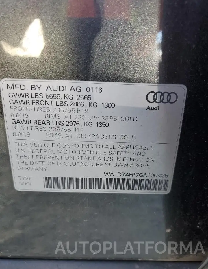 AUDI Q5 PREMIUM 2016 vin WA1D7AFP7GA100425 from auto auction Copart