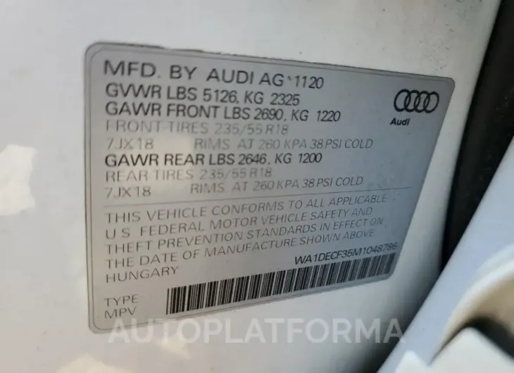 AUDI Q3 PREMIUM 2021 vin WA1DECF35M1048786 from auto auction Copart