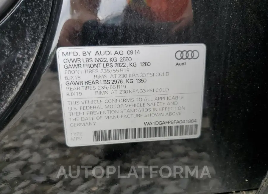 AUDI Q5 PREMIUM 2015 vin WA1DGAFP8FA041884 from auto auction Copart