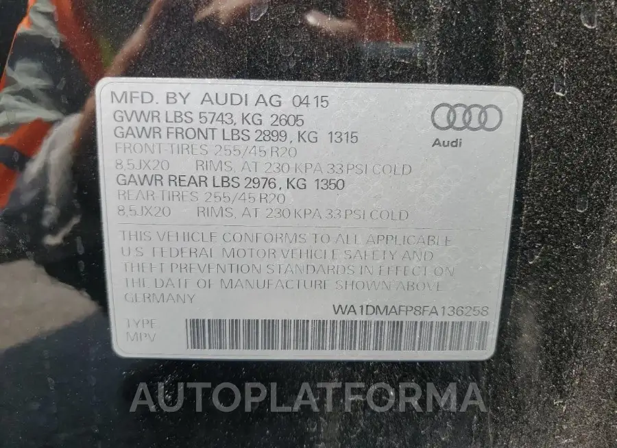 AUDI Q5 TDI PRE 2015 vin WA1DMAFP8FA136258 from auto auction Copart