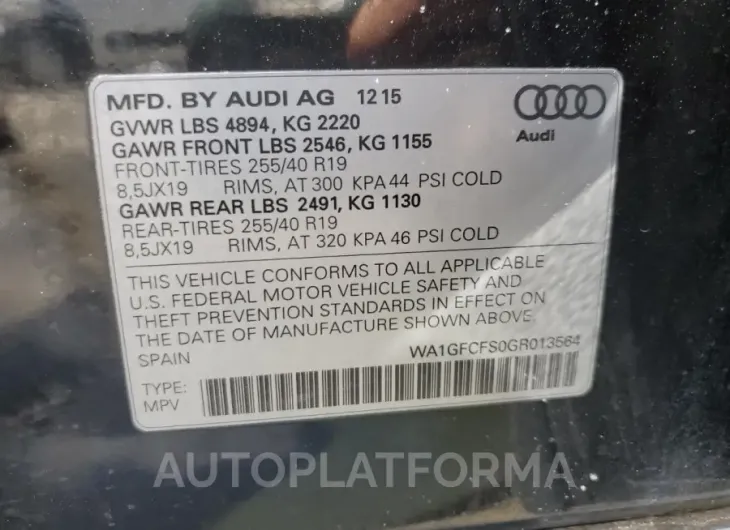 AUDI Q3 PRESTIG 2016 vin WA1GFCFS0GR013564 from auto auction Copart