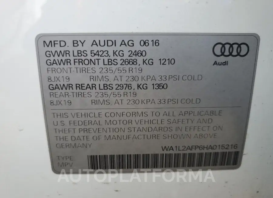 AUDI Q5 PREMIUM 2017 vin WA1L2AFP6HA015216 from auto auction Copart