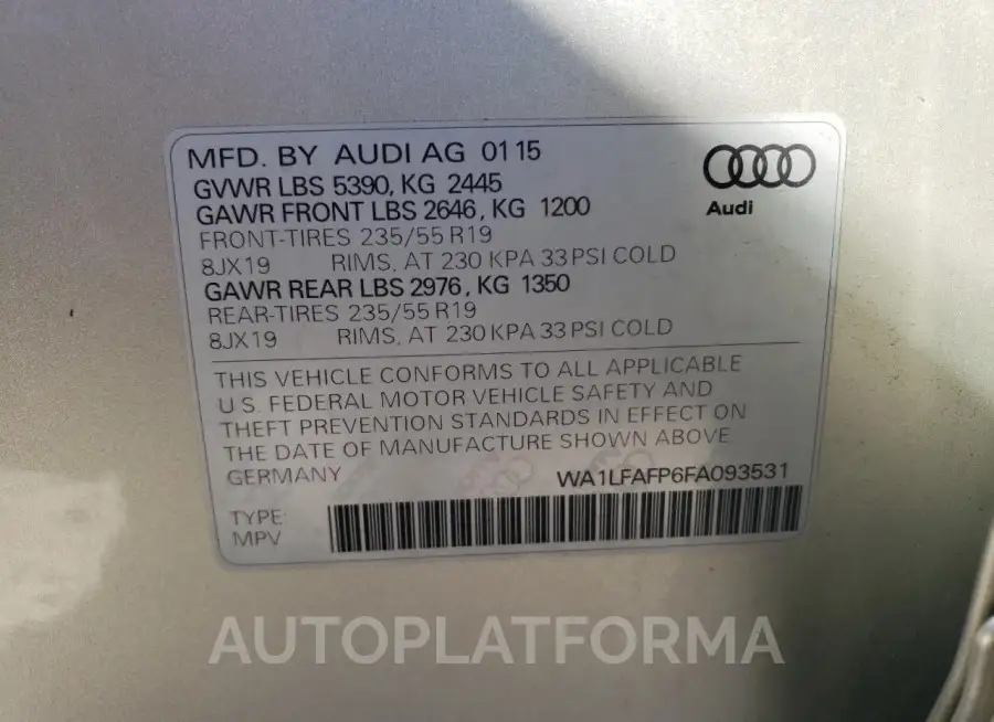 AUDI Q5 PREMIUM 2015 vin WA1LFAFP6FA093531 from auto auction Copart