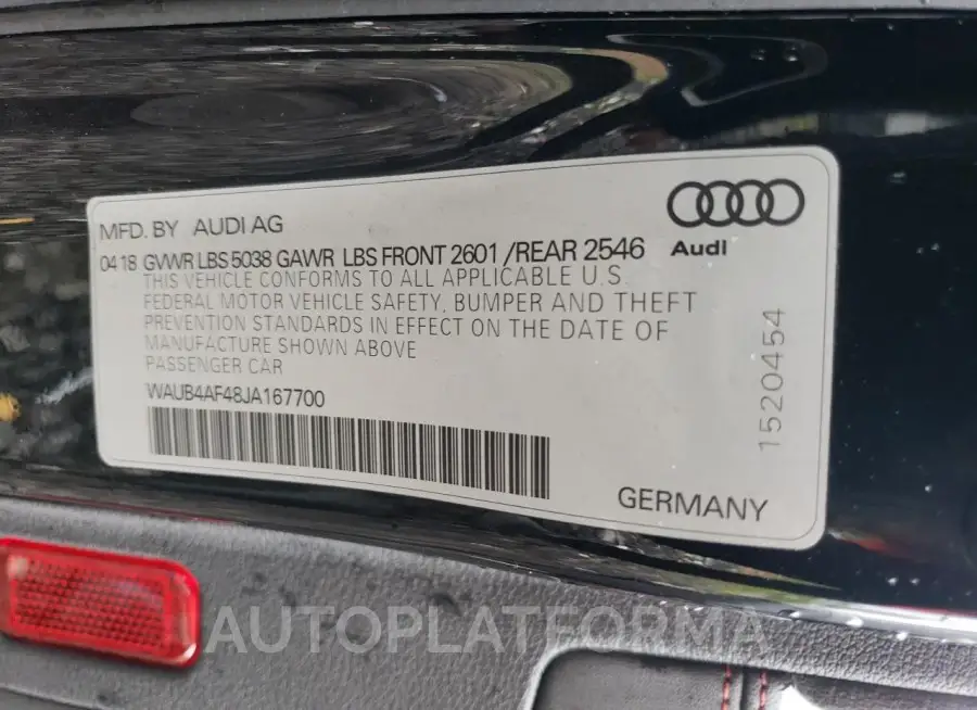 AUDI S4 PREMIUM 2018 vin WAUB4AF48JA167700 from auto auction Copart