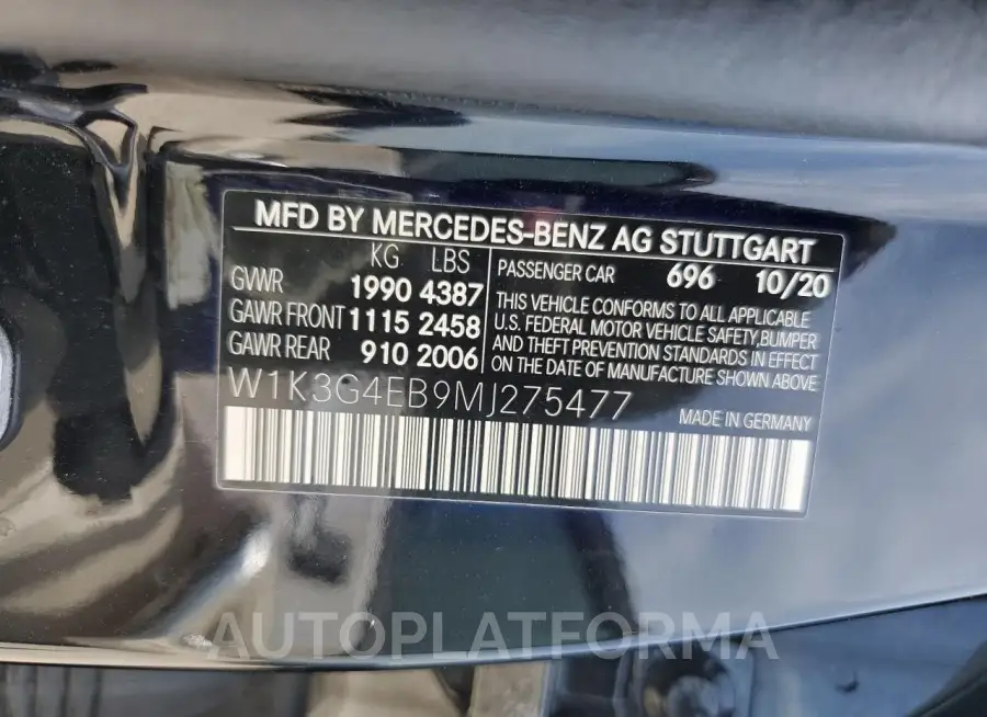 MERCEDES-BENZ A 220 2021 vin W1K3G4EB9MJ275477 from auto auction Copart