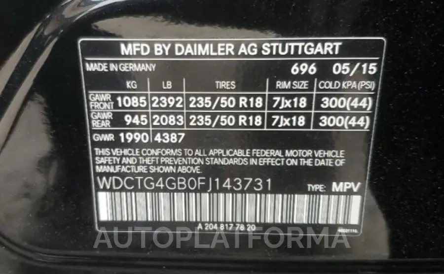 MERCEDES-BENZ GLA 250 4M 2015 vin WDCTG4GB0FJ143731 from auto auction Copart