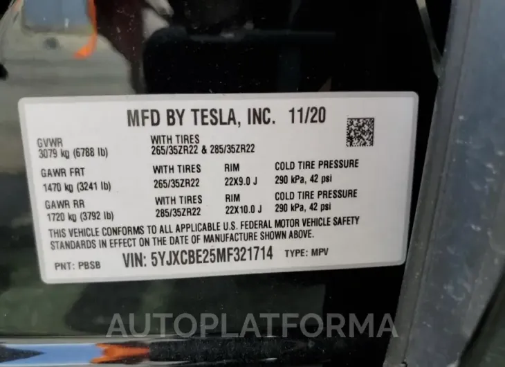 TESLA MODEL X 2021 vin 5YJXCBE25MF321714 from auto auction Copart