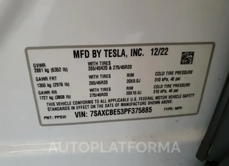 TESLA MODEL X 2023 vin 7SAXCBE53PF375885 from auto auction Copart