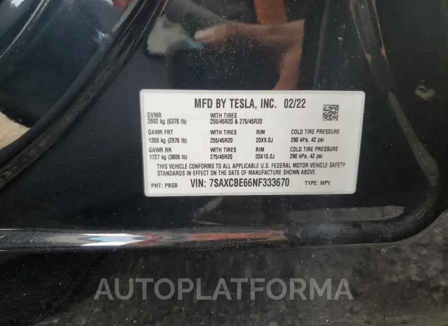 TESLA MODEL X 2022 vin 7SAXCBE66NF333670 from auto auction Copart