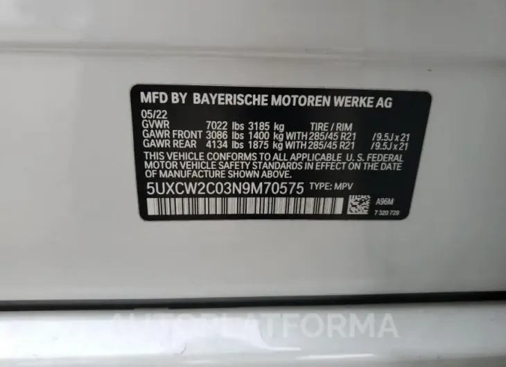 BMW X7 XDRIVE4 2022 vin 5UXCW2C03N9M70575 from auto auction Copart