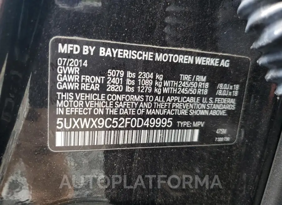 BMW X3 XDRIVE2 2015 vin 5UXWX9C52F0D49995 from auto auction Copart