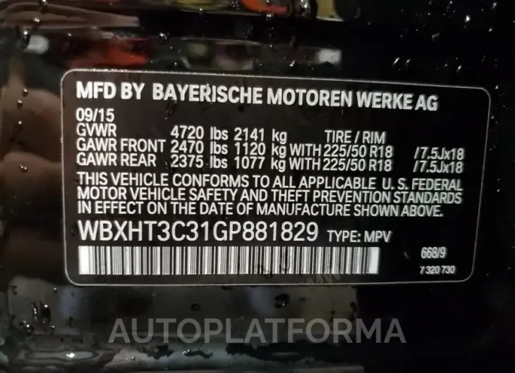 BMW X1 XDRIVE2 2016 vin WBXHT3C31GP881829 from auto auction Copart