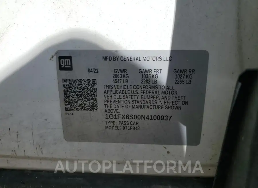 CHEVROLET BOLT EV 2L 2022 vin 1G1FX6S00N4100937 from auto auction Copart