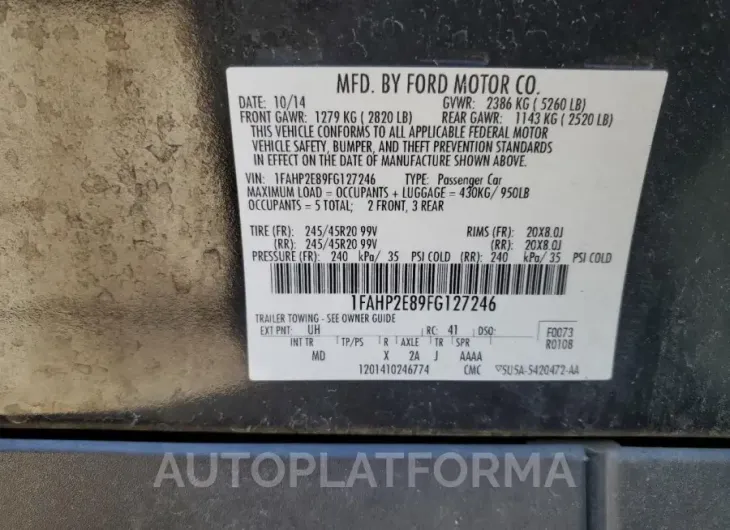 FORD TAURUS SEL 2015 vin 1FAHP2E89FG127246 from auto auction Copart