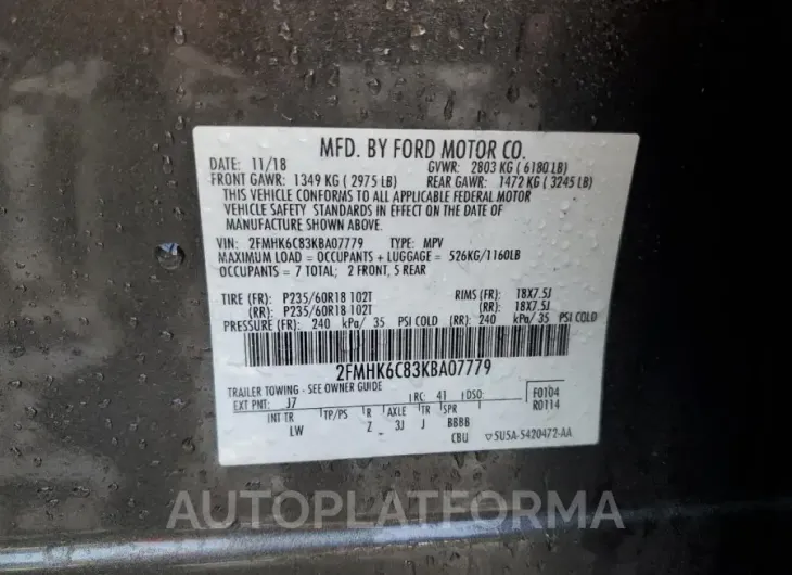 FORD FLEX SEL 2019 vin 2FMHK6C83KBA07779 from auto auction Copart