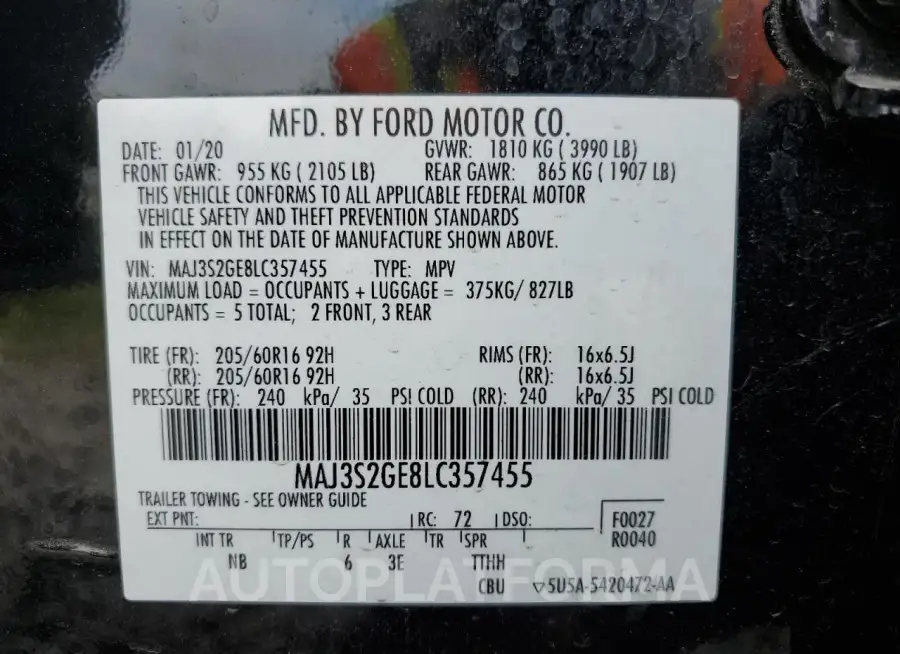 FORD ECOSPORT S 2020 vin MAJ3S2GE8LC357455 from auto auction Copart