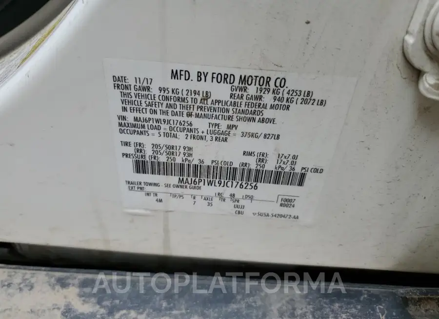 FORD ECOSPORT T 2018 vin MAJ6P1WL9JC176256 from auto auction Copart