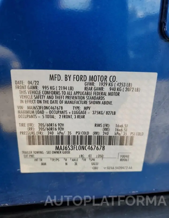 FORD ECOSPORT S 2022 vin MAJ6S3FL0NC467678 from auto auction Copart