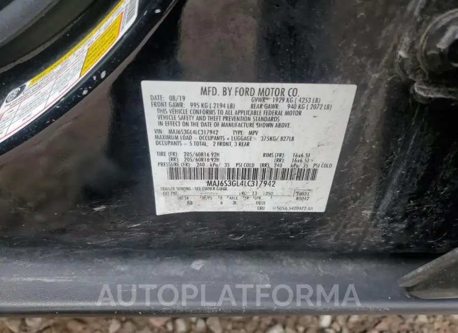 FORD ECOSPORT S 2020 vin MAJ6S3GL4LC317942 from auto auction Copart