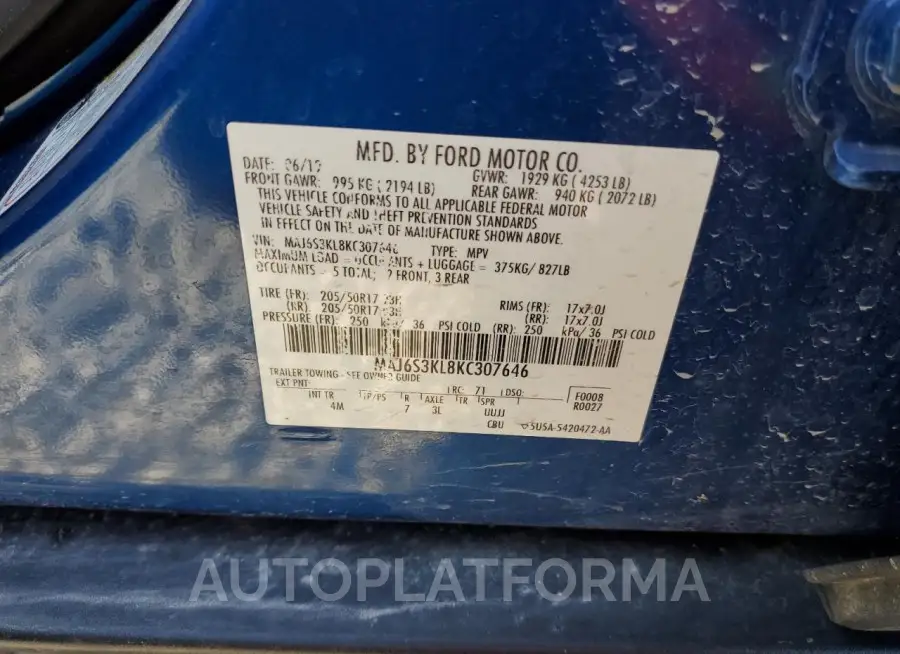 FORD ECOSPORT T 2019 vin MAJ6S3KL8KC307646 from auto auction Copart