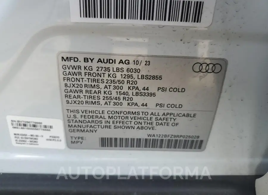 AUDI Q4 E-TRON 2024 vin WA122BFZ9RP025028 from auto auction Copart