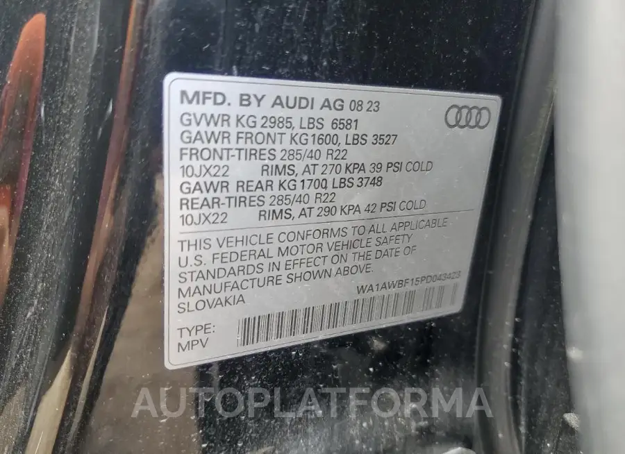 AUDI SQ8 PREMIU 2023 vin WA1AWBF15PD043423 from auto auction Copart