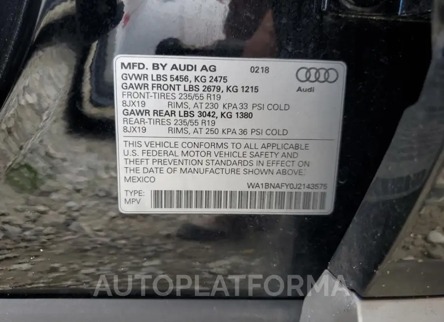 AUDI Q5 PREMIUM 2018 vin WA1BNAFY0J2143575 from auto auction Copart