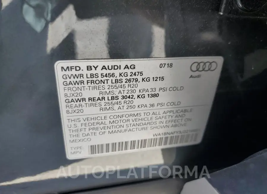 AUDI Q5 PREMIUM 2018 vin WA1BNAFY3J2216891 from auto auction Copart