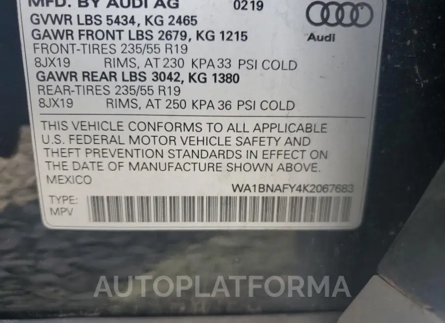 AUDI Q5 PREMIUM 2019 vin WA1BNAFY4K2067683 from auto auction Copart