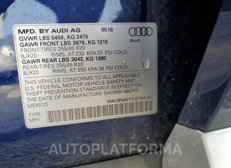 AUDI Q5 PREMIUM 2018 vin WA1BNAFY7J2184107 from auto auction Copart