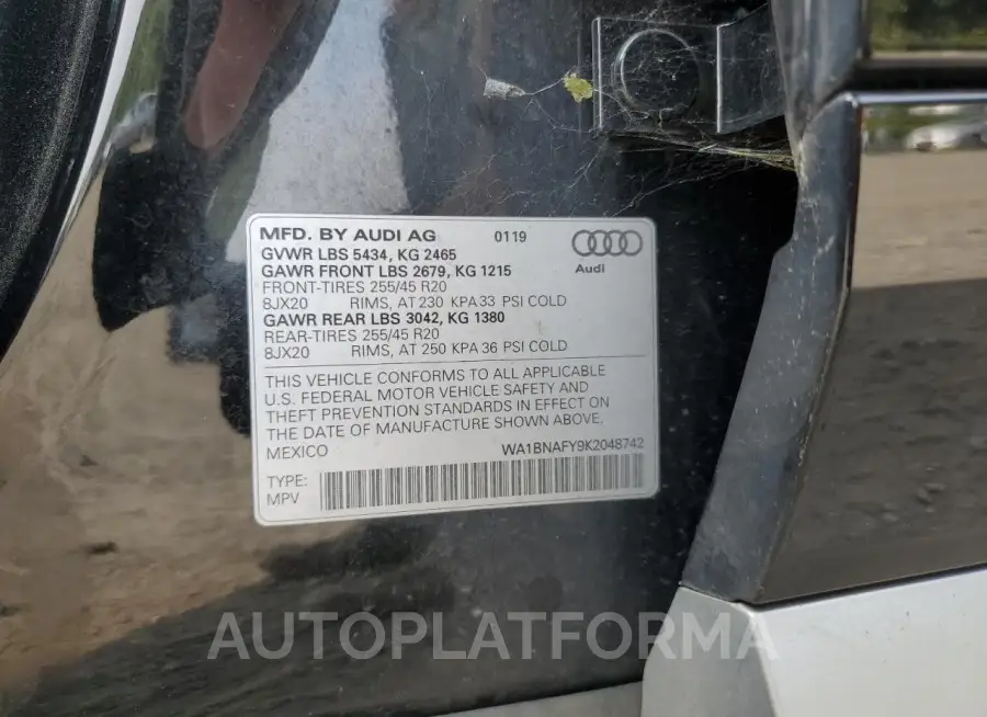 AUDI Q5 PREMIUM 2019 vin WA1BNAFY9K2048742 from auto auction Copart