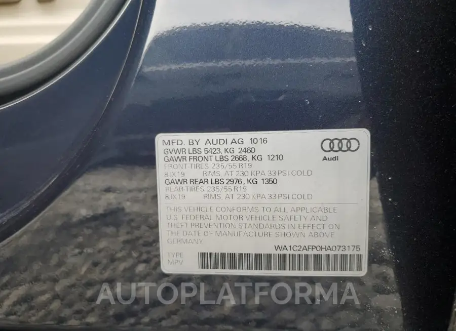 AUDI Q5 PREMIUM 2017 vin WA1C2AFP0HA073175 from auto auction Copart