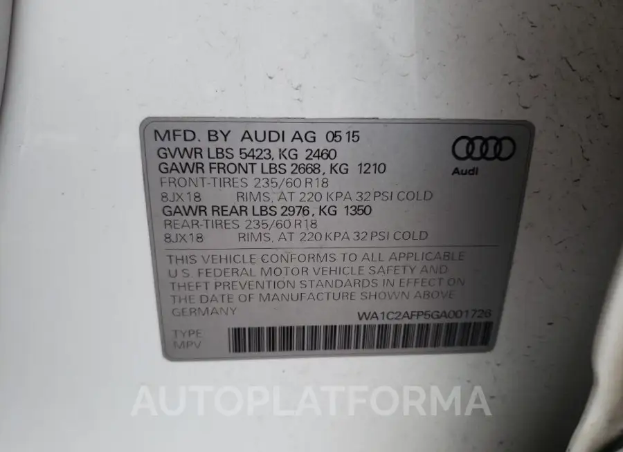 AUDI Q5 PREMIUM 2016 vin WA1C2AFP5GA001726 from auto auction Copart