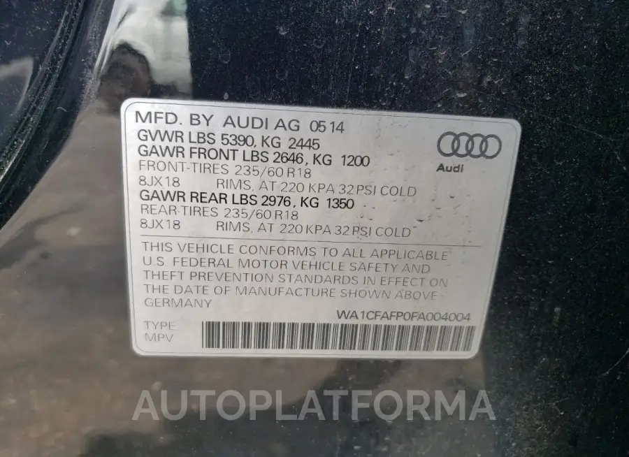 AUDI Q5 PREMIUM 2015 vin WA1CFAFP0FA004004 from auto auction Copart