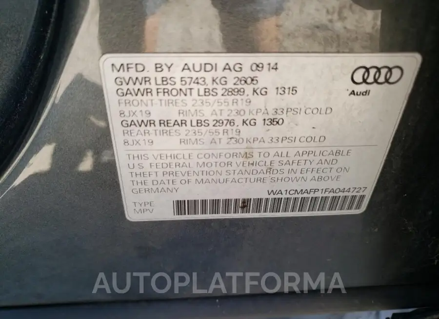 AUDI Q5 TDI PRE 2015 vin WA1CMAFP1FA044727 from auto auction Copart